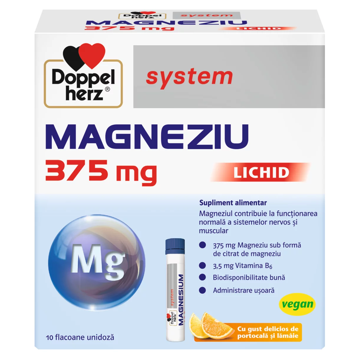 Illustration of the product packaging Doppelherz system MAGNEZIU 375 MG LICHID front view